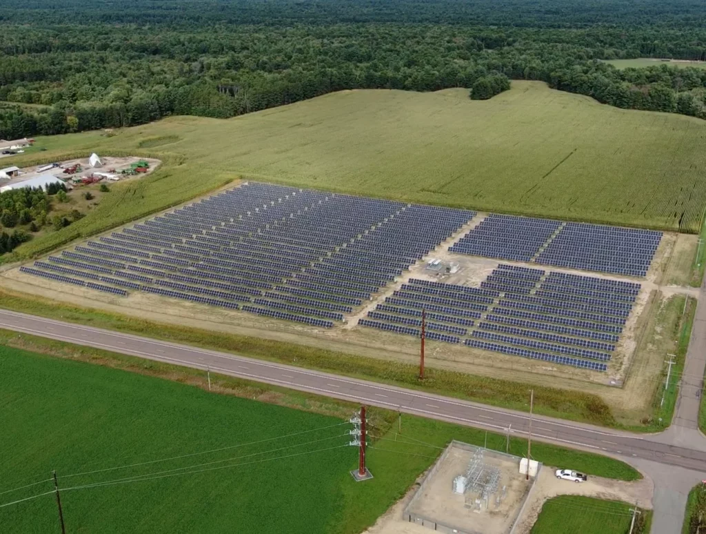 Aerial view of solar panels, Strobus Solar Project
